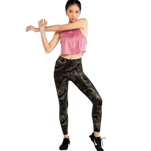 Nike Dri-Fit Womens Mid Rise Stretch Compression Leggings Large in Black Printed - Picture 1 of 9